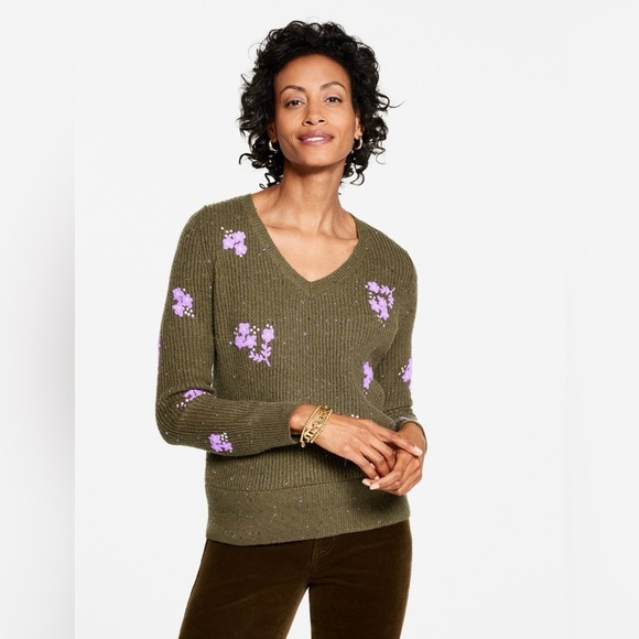 Talbots Olive V-Neck Sweater with Purple Floral Design - Picture 2 of 7